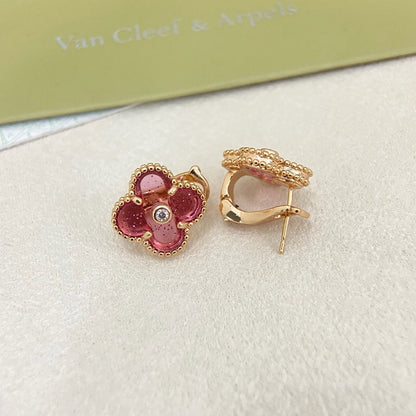 [⭐Glow Muse]2026 NEW  CLOVER 1 MOTIFPINK ENAMEL STUD EARRINGS WITH DIAMONDS2