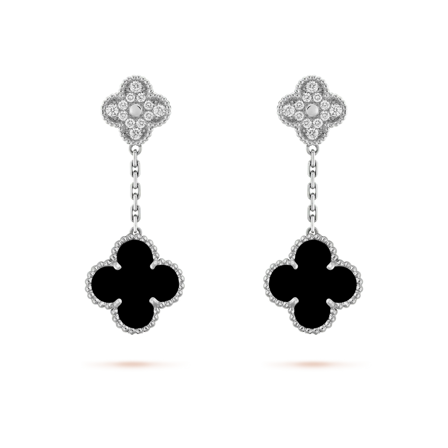 [Glow Muse]CLOVER 2 MOTIFS  DIAMOND ONYX EARRINGS SILVER