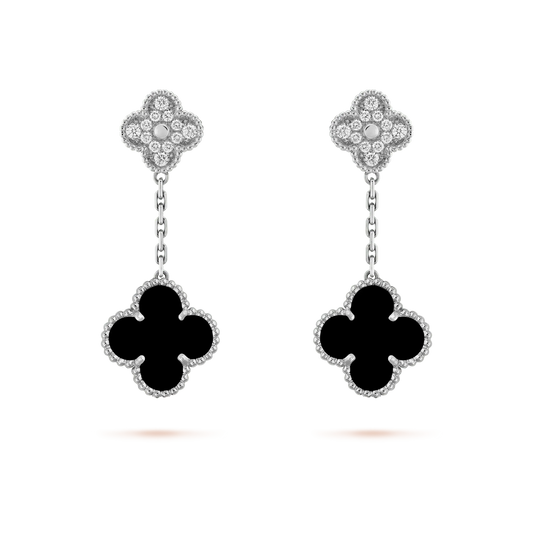 [Glow Muse]CLOVER 2 MOTIFS  DIAMOND ONYX EARRINGS SILVER