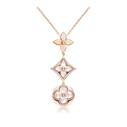 [Glow Muse]COLOR BLOSSOM LARIAT NECKLACE PINK GOLD WHITE MOTHER PEARL AND DIAMOND